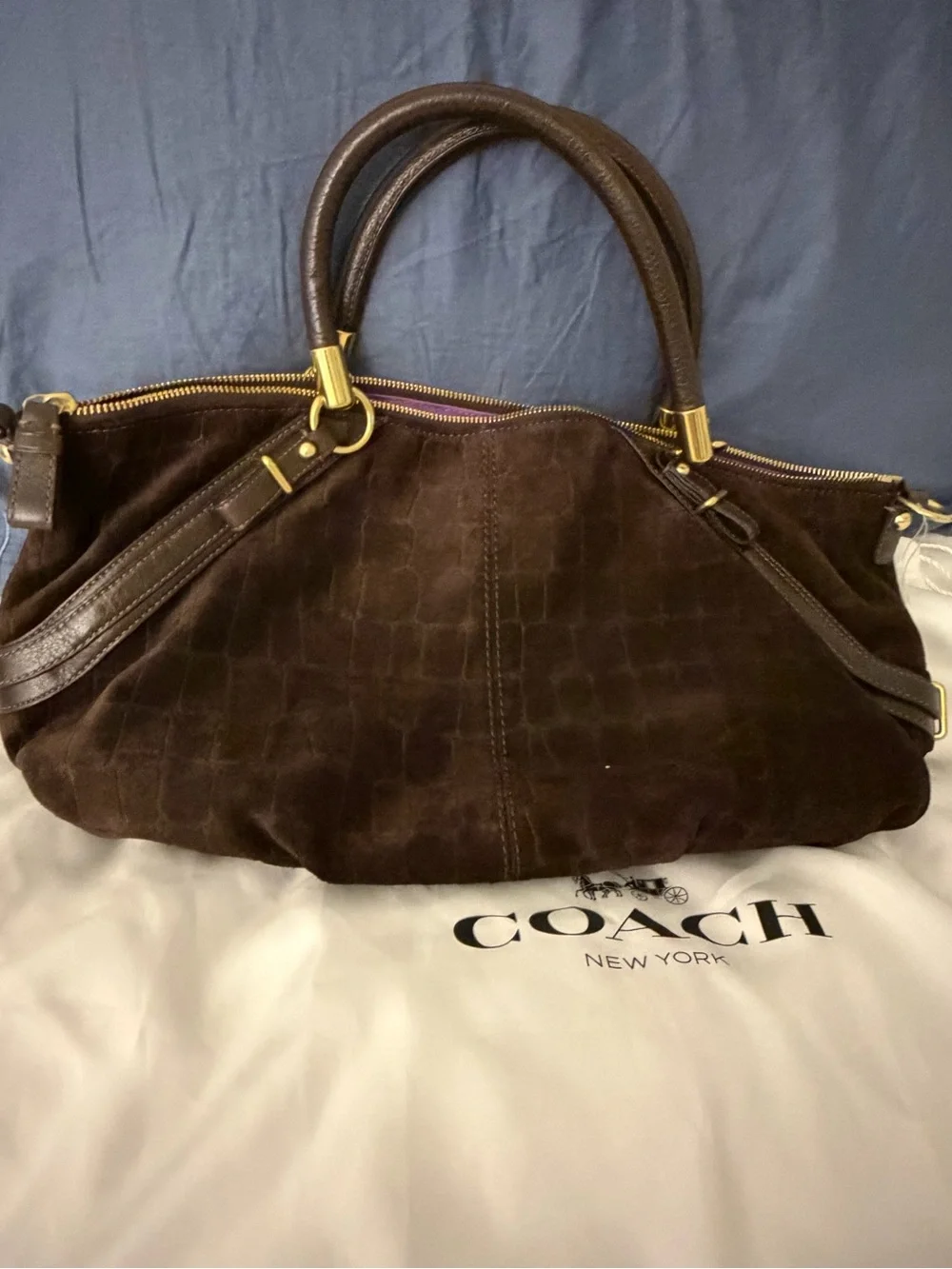 Coach Dark Brown Suede Satchel with Gold Hardware